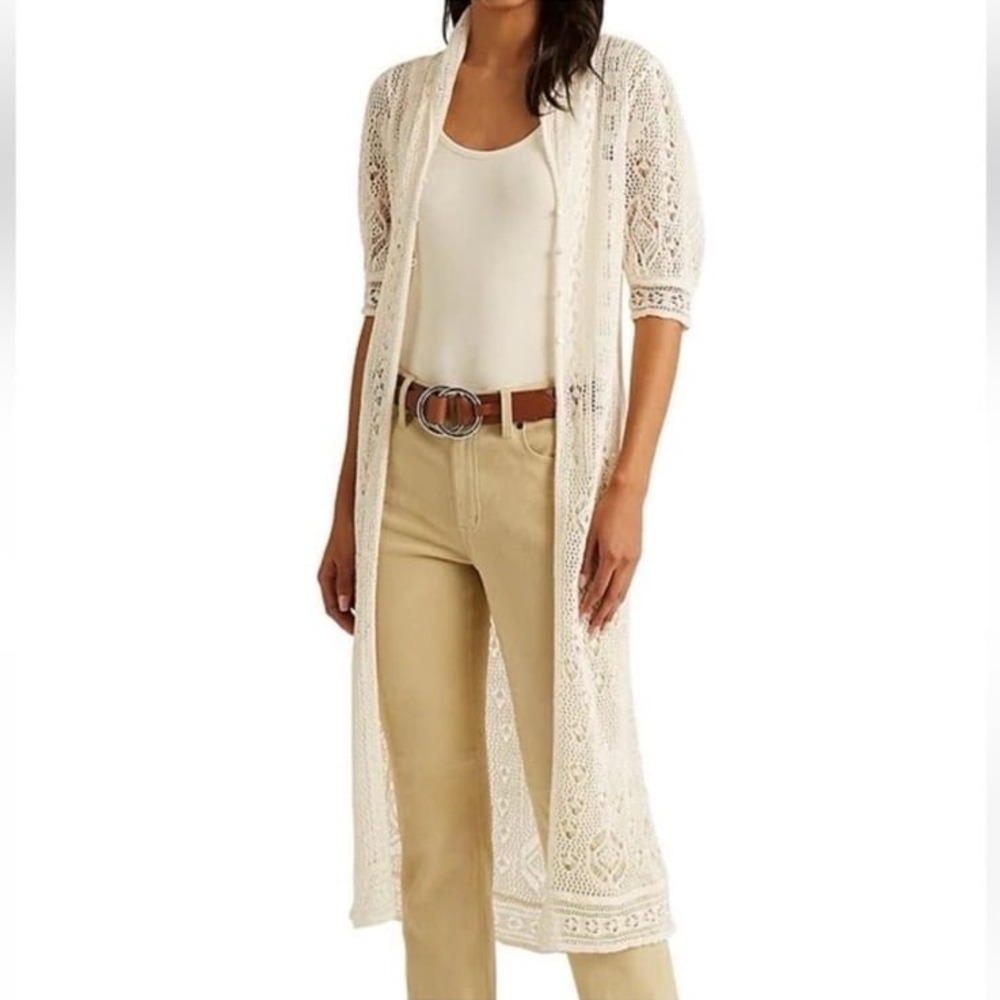 Lauren Ralph Lauren Cream 100% Linen Pointelle Knit Duster Cardigan Large